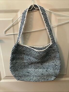 Handmade Blue Crochet Shoulder Bag with White Trim